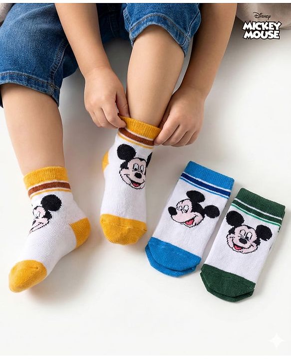Cute Walk by Babyhug Disney Knit Ankle Length Antibacterial Socks with Mickey Mouse Graphic Pack of 3 - Blue Yellow & White