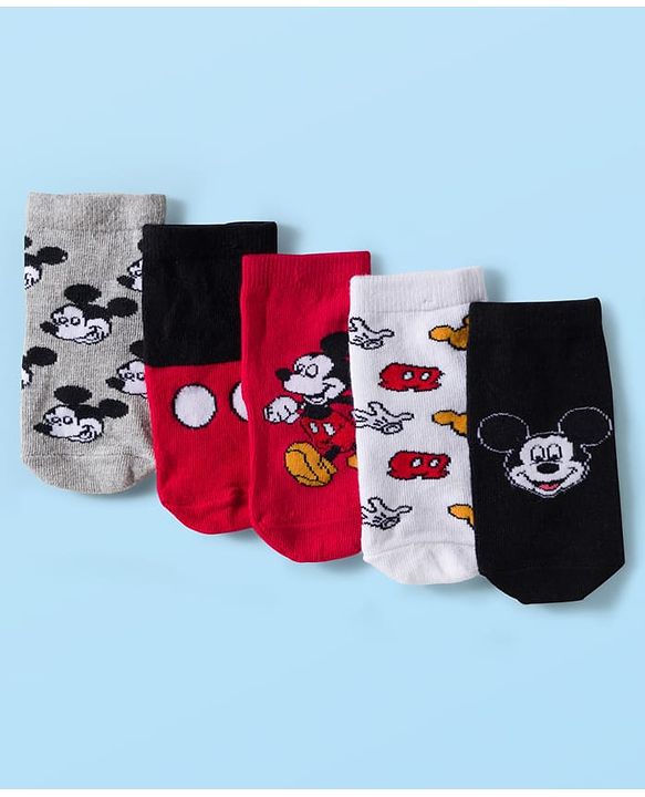 Cute Walk by Babyhug Disney Knit Ankle Length Antibacterial Socks with Mickey Mouse Graphic Pack of 5 - Red Black & White