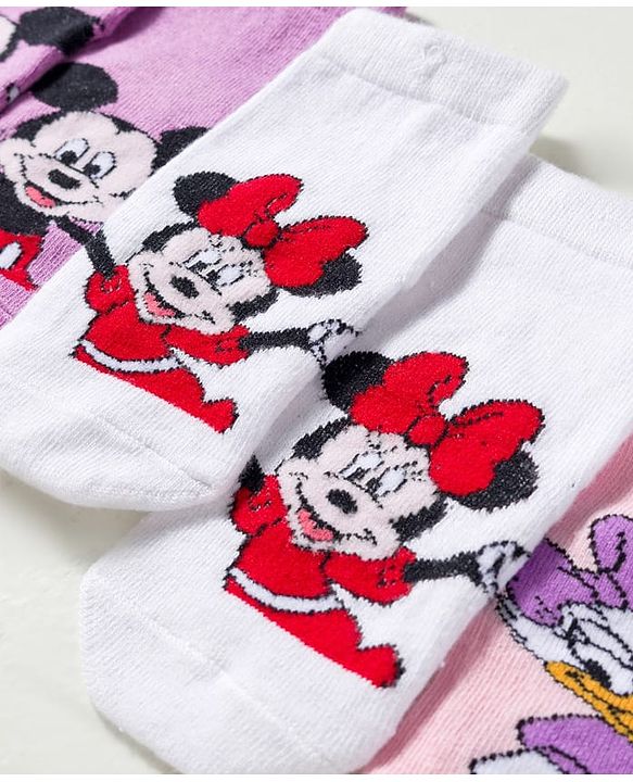 Cute Walk by Babyhug Disney Knit Ankle Length Antibacterial Socks with Minnie Mouse Graphic Pack of 3 - Pink Plum & White