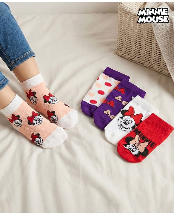 Cute Walk by Babyhug Disney Knit Ankle Length Antibacterial Socks with Minnie Mouse Graphic Pack of 5 - Red White & Navy Blue