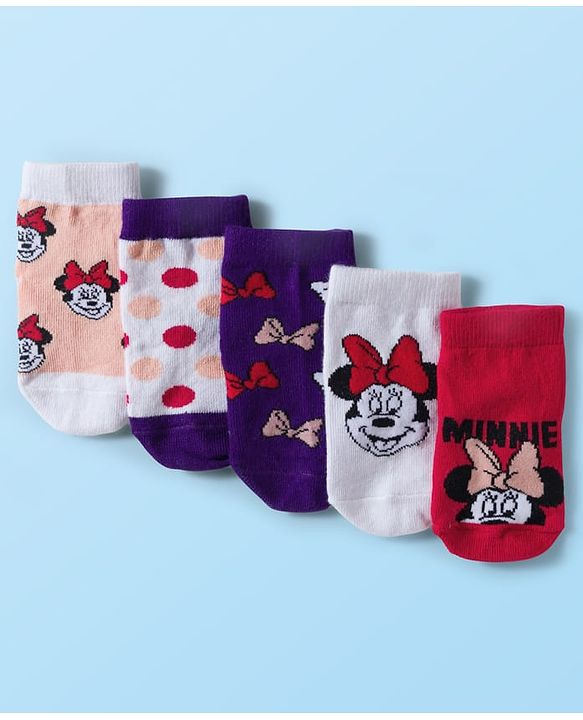 Cute Walk by Babyhug Disney Knit Ankle Length Antibacterial Socks with Minnie Mouse Graphic Pack of 5 - Red White & Navy Blue
