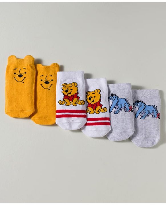 Cute Walk by Babyhug Disney Knit Ankle Length Antibacterial Socks with Winnie the Pooh Graphic Pack of 3 - White Yellow & Grey
