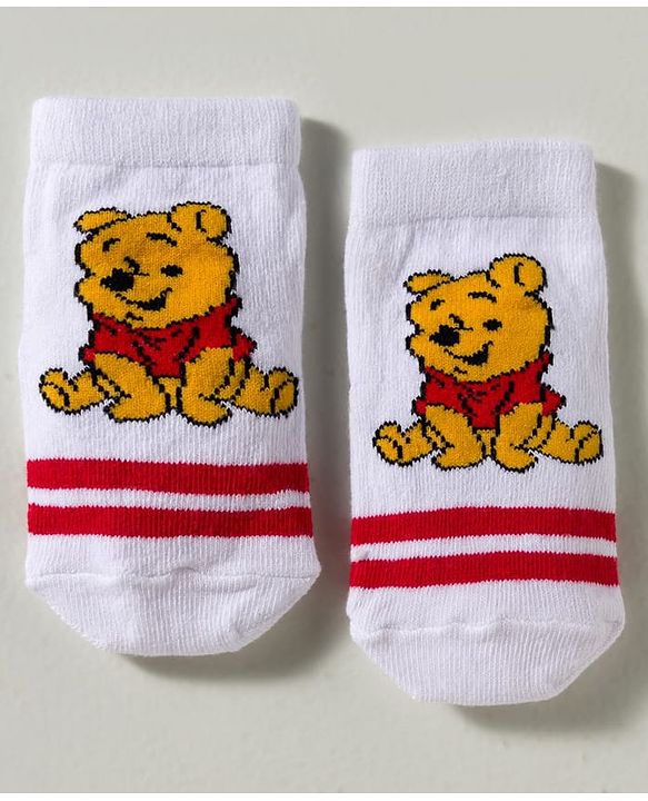Cute Walk by Babyhug Disney Knit Ankle Length Antibacterial Socks with Winnie the Pooh Graphic Pack of 3 - White Yellow & Grey