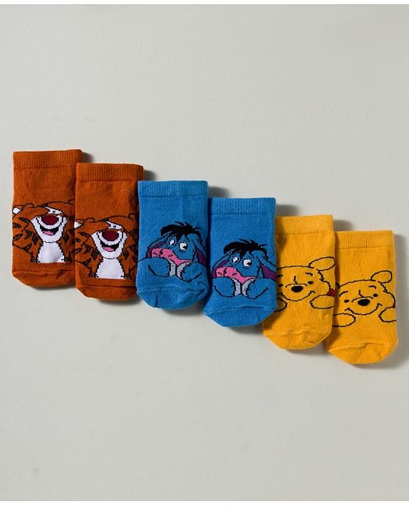 Cute Walk by Babyhug Disney Knit Ankle Length Antibacterial Socks with Winnie the Pooh Graphic Pack of 3 - Blue Yellow & Red