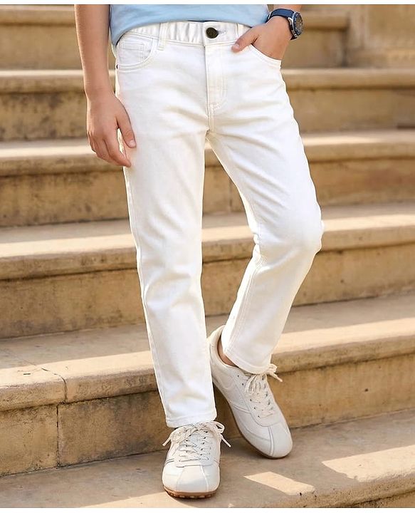 Pine Kids Denim Woven Full Length Washed Jeans - White