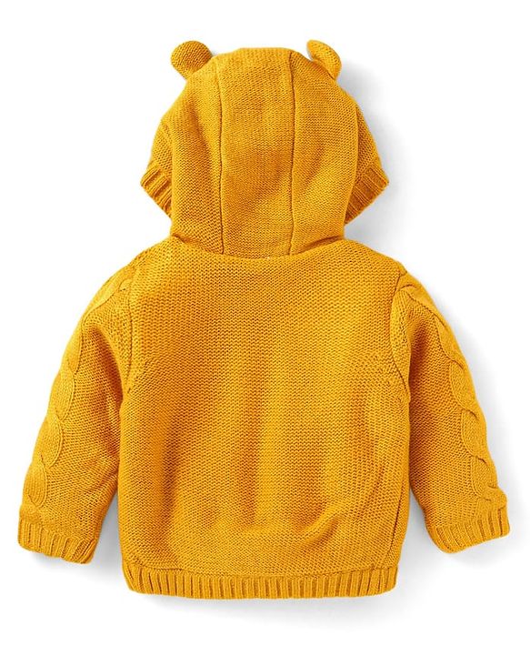 Babyhug Knit Full Sleeves Hooded Front Open Sweater with Cable Knit Design & Ear Applique - Mustard