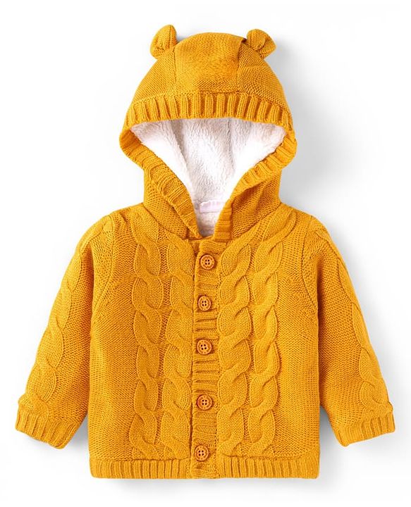 Babyhug Knit Full Sleeves Hooded Front Open Sweater with Cable Knit Design & Ear Applique - Mustard