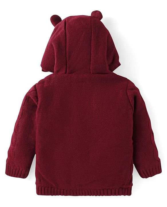 Babyhug Knit Full Sleeves Hooded Front Open Sweater with Cable Knit Design & Ear Applique - Maroon