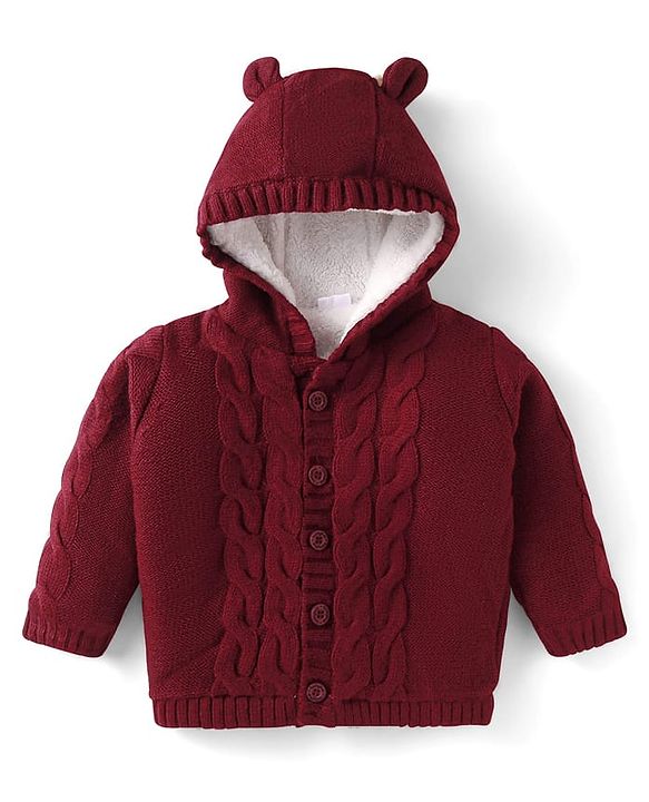 Babyhug Knit Full Sleeves Hooded Front Open Sweater with Cable Knit Design & Ear Applique - Maroon
