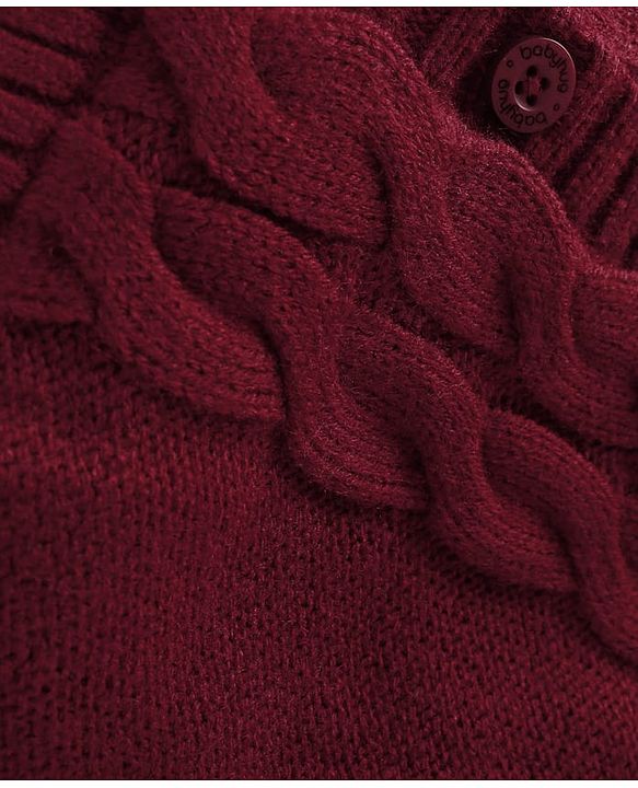 Babyhug Knit Full Sleeves Hooded Front Open Sweater with Cable Knit Design & Ear Applique - Maroon