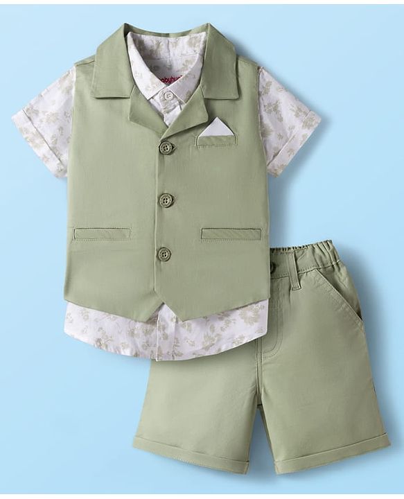 Babyhug Cotton Woven Half Sleeves Floral Printed Shirt & Shorts Set with Jacket - Light Green