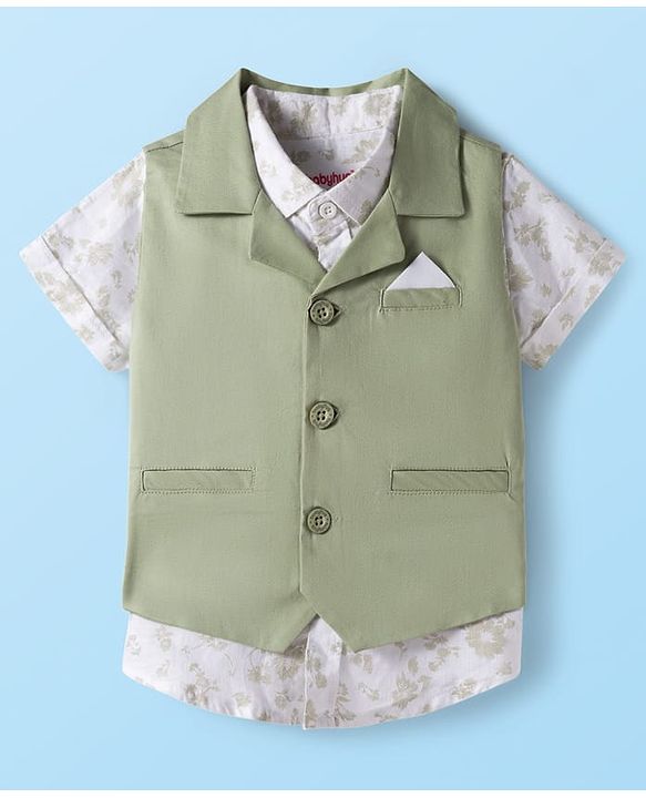 Babyhug Cotton Woven Half Sleeves Floral Printed Shirt & Shorts Set with Jacket - Light Green