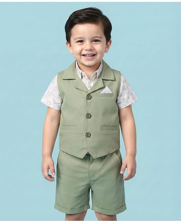 Babyhug Cotton Woven Half Sleeves Floral Printed Shirt & Shorts Set with Jacket - Light Green