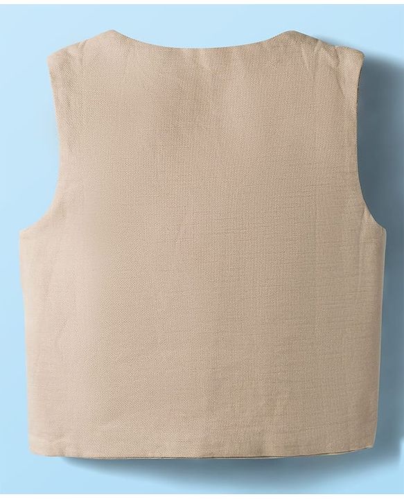 Babyhug Cotton Woven Half Sleeves Shirt & Shorts Set with Waistcoat & Leave Print - Tan & Beige