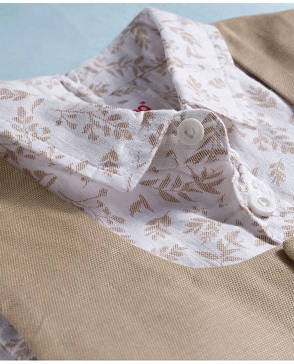 Babyhug Cotton Woven Half Sleeves Shirt & Shorts Set with Waistcoat & Leave Print - Tan & Beige