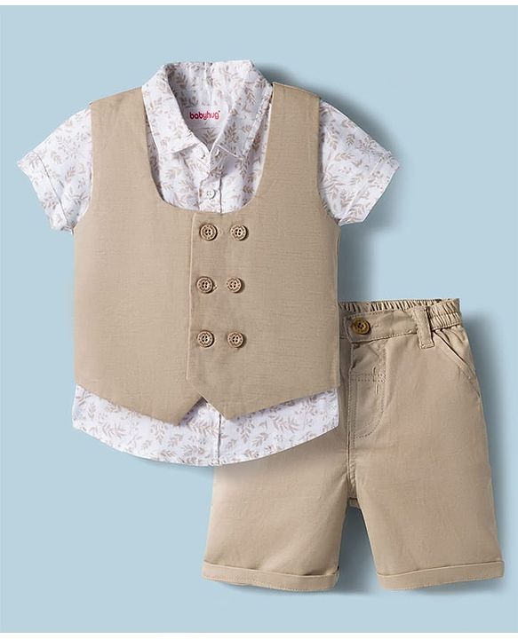 Babyhug Cotton Woven Half Sleeves Shirt & Shorts Set with Waistcoat & Leave Print - Tan & Beige
