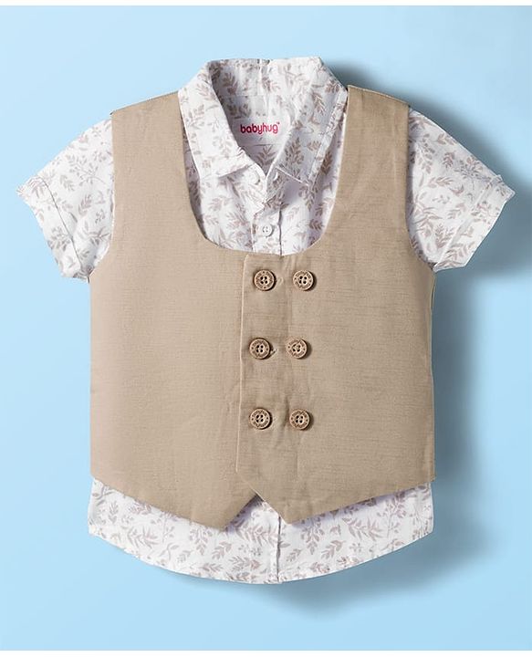 Babyhug Cotton Woven Half Sleeves Shirt & Shorts Set with Waistcoat & Leave Print - Tan & Beige