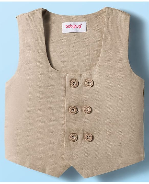 Babyhug Cotton Woven Half Sleeves Shirt & Shorts Set with Waistcoat & Leave Print - Tan & Beige