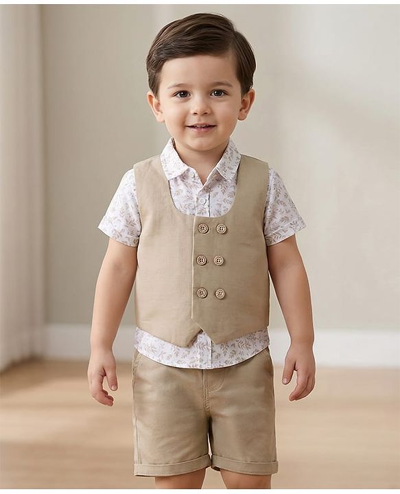 Babyhug Cotton Woven Half Sleeves Shirt & Shorts Set with Waistcoat & Leave Print - Tan & Beige