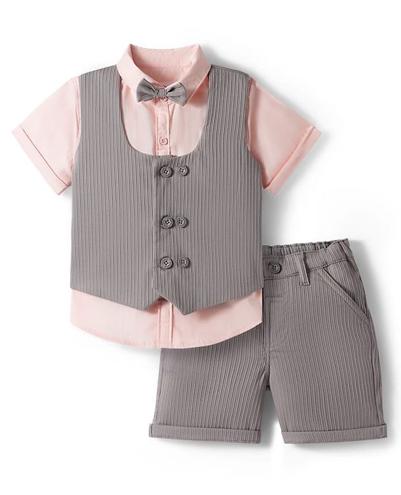 Babyhug Cotton Woven Half Sleeves Solid Color Shirt & Shorts Set with Waistcoat & Bow - Grey & Pink