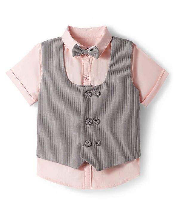 Babyhug Cotton Woven Half Sleeves Solid Color Shirt & Shorts Set with Waistcoat & Bow - Grey & Pink
