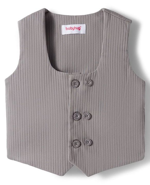 Babyhug Cotton Woven Half Sleeves Solid Color Shirt & Shorts Set with Waistcoat & Bow - Grey & Pink