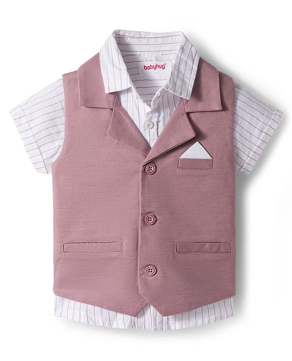Babyhug Cotton Woven Half Sleeves Solid Color Front-Button Shirt Jacket & Shorts Set - Pink & White