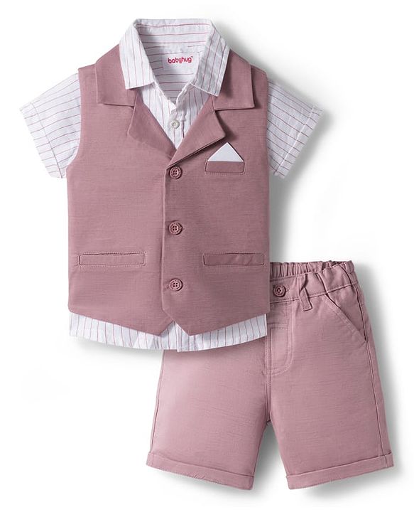 Babyhug Cotton Woven Half Sleeves Solid Color Front-Button Shirt Jacket & Shorts Set - Pink & White