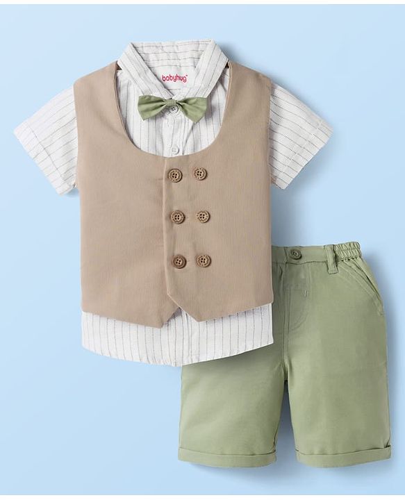 Babyhug Cotton Woven Half Sleeves Striped Shirt & Shorts Set with Jacket & Bow - Beige & Light Green