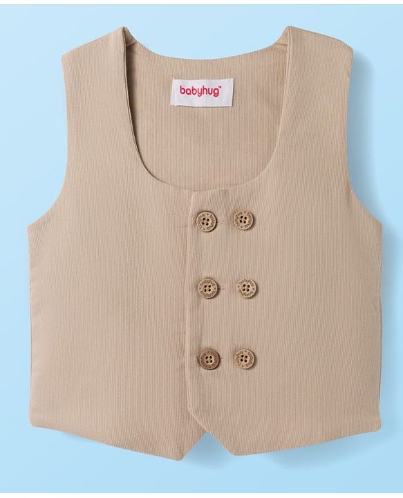 Babyhug Cotton Woven Half Sleeves Striped Shirt & Shorts Set with Jacket & Bow - Beige & Light Green