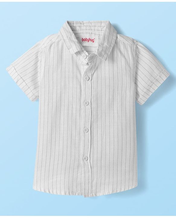 Babyhug Cotton Woven Half Sleeves Striped Shirt & Shorts Set with Jacket & Bow - Beige & Light Green