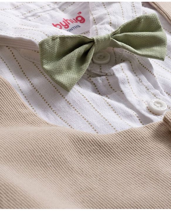 Babyhug Cotton Woven Half Sleeves Striped Shirt & Shorts Set with Jacket & Bow - Beige & Light Green
