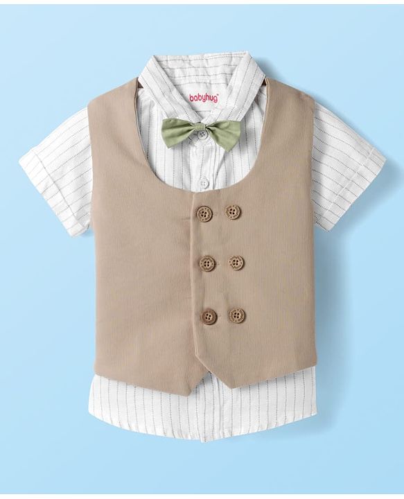 Babyhug Cotton Woven Half Sleeves Striped Shirt & Shorts Set with Jacket & Bow - Beige & Light Green