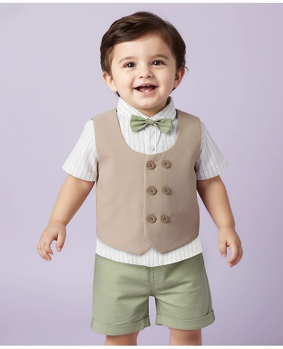 Babyhug Cotton Woven Half Sleeves Striped Shirt & Shorts Set with Jacket & Bow - Beige & Light Green