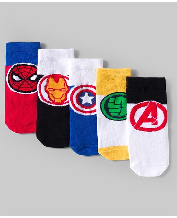 Pine Kids Marvel Knit Ankle Length Antibacterial Socks with Avengers Graphic Pack of 5 - White Yellow & B Lue
