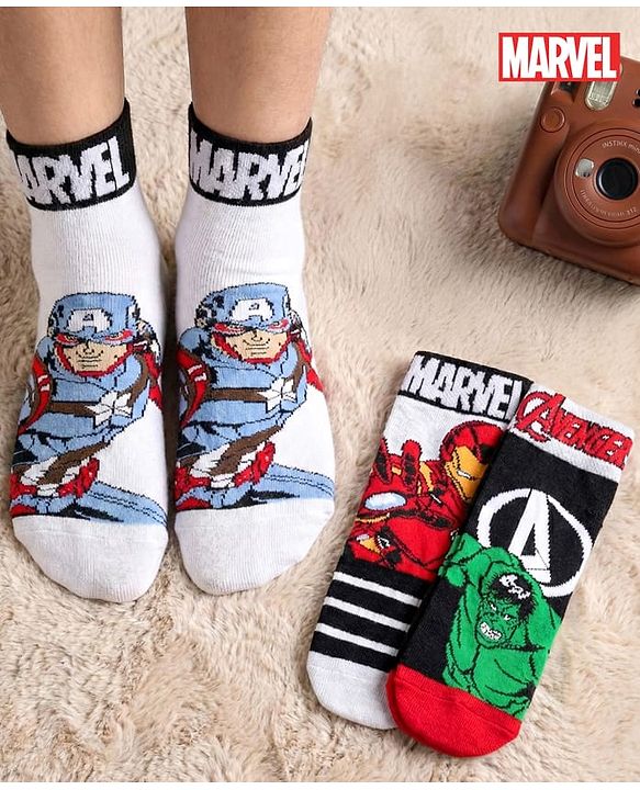 Pine Kids Marvel Knit Ankle Length Anti-Bacterial Socks with Avengers Graphic Pack of 3 - White & Black