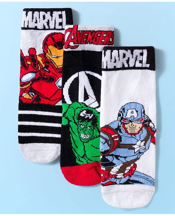 Pine Kids Marvel Knit Ankle Length Anti-Bacterial Socks with Avengers Graphic Pack of 3 - White & Black