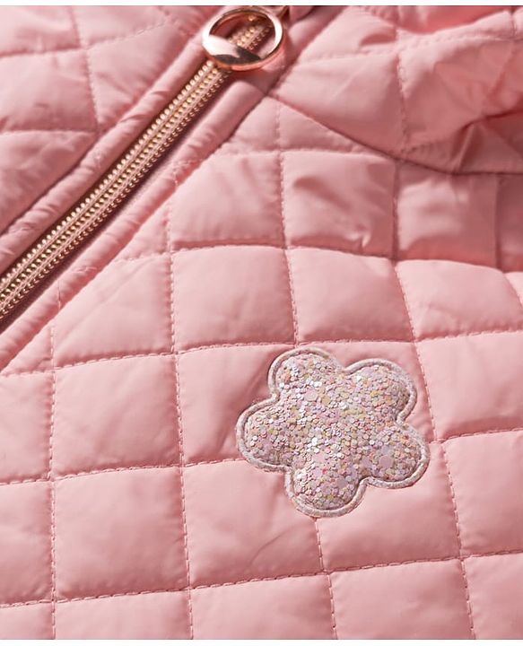Babyhug Woven Full Sleeves Solid Color Hooded Quilted Jacket - Pink