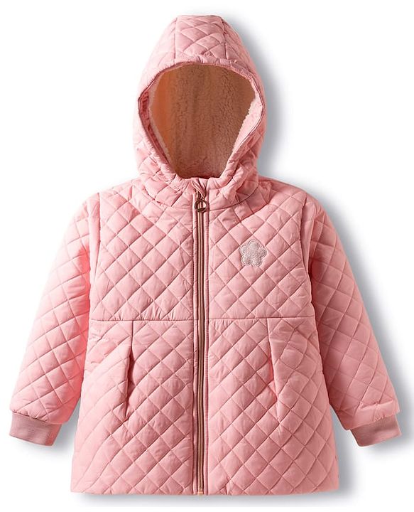 Babyhug Woven Full Sleeves Solid Color Hooded Quilted Jacket - Pink