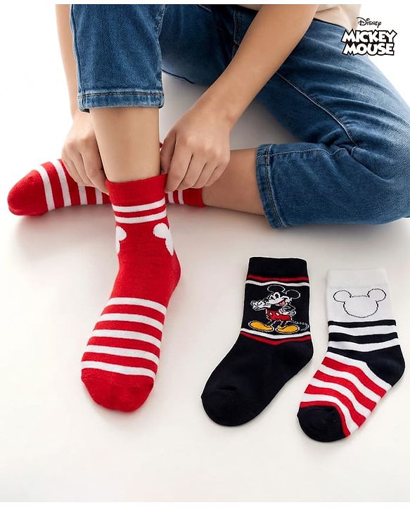 Pine Kids Disney Knit Ankle Length Anti-Bacterial Socks with Mickey Mouse Graphic Pack of 3 - Red & White