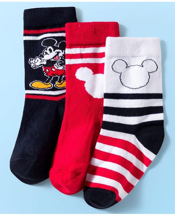 Pine Kids Disney Knit Ankle Length Anti-Bacterial Socks with Mickey Mouse Graphic Pack of 3 - Red & White