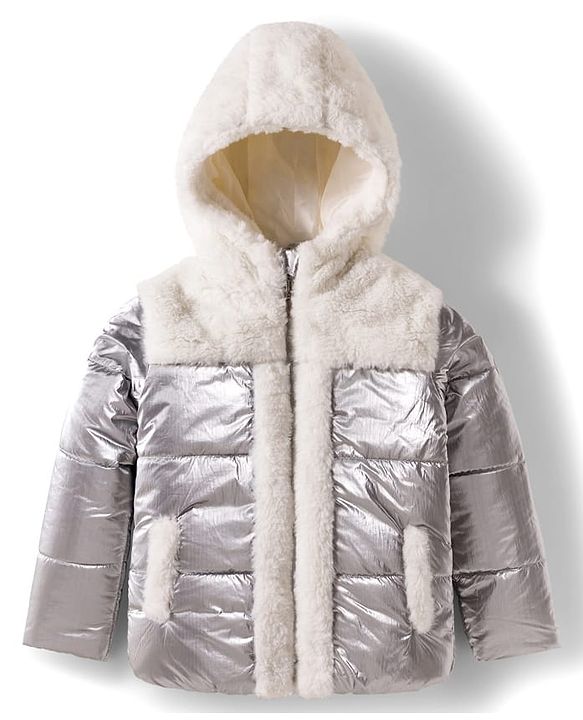 Babyhug Knit Full Sleeves Solid Hooded Padded Jacket With Fur Detailing - Silver