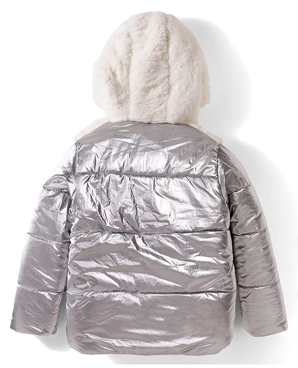 Babyhug Knit Full Sleeves Solid Hooded Padded Jacket With Fur Detailing - Silver