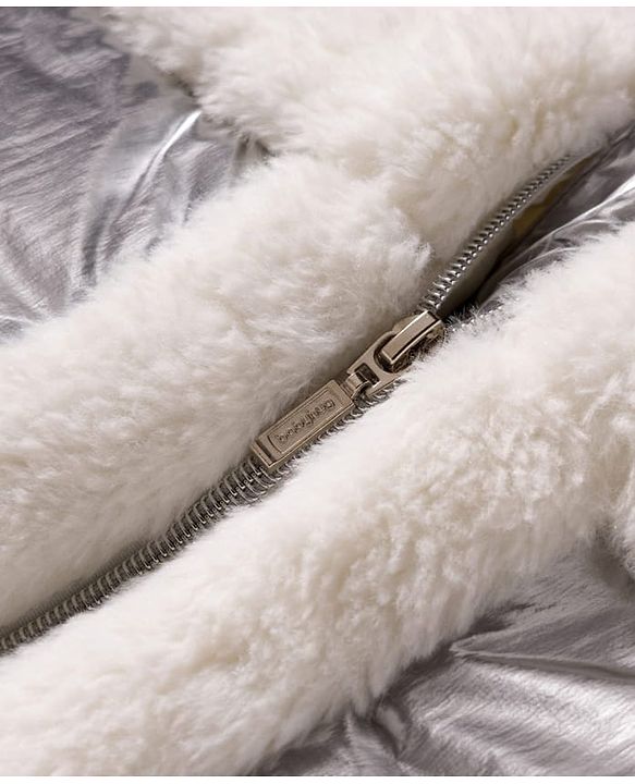 Babyhug Knit Full Sleeves Solid Hooded Padded Jacket With Fur Detailing - Silver