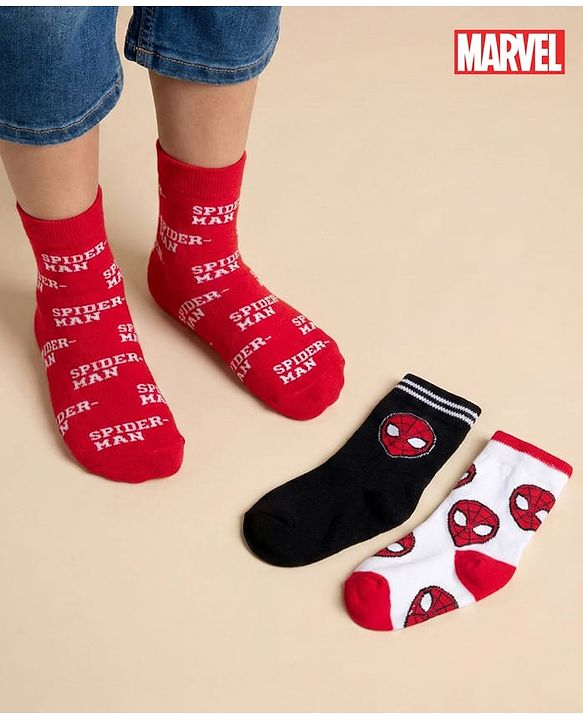 Pine Kids Marvel Knit Ankle Length Antibacterial Socks with Spider-Man Graphic Pack of 3 - Red Black & White