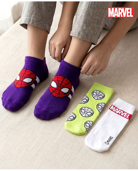 Pine Kids Marvel Knit Ankle Length Anti-Bacterial Socks with Avengers Graphic Pack of 3 - White & Purple