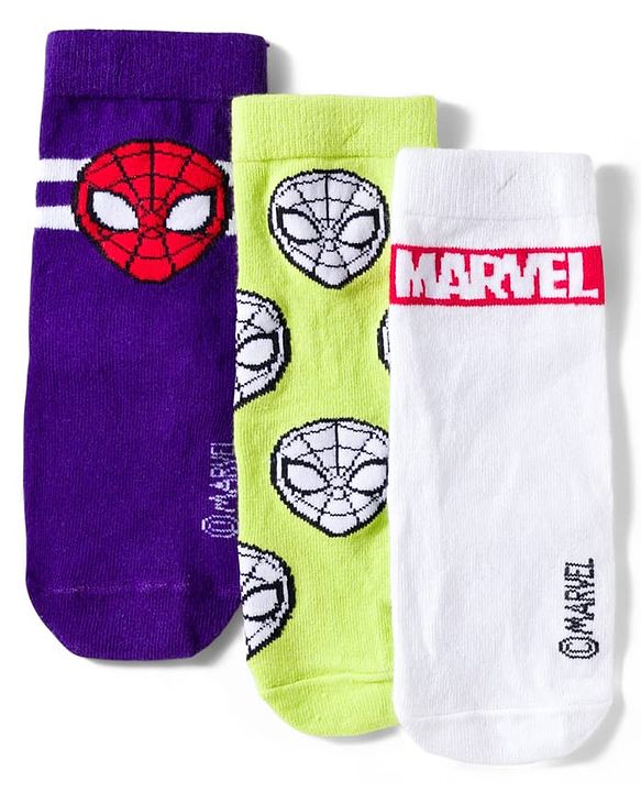 Pine Kids Marvel Knit Ankle Length Anti-Bacterial Socks with Avengers Graphic Pack of 3 - White & Purple