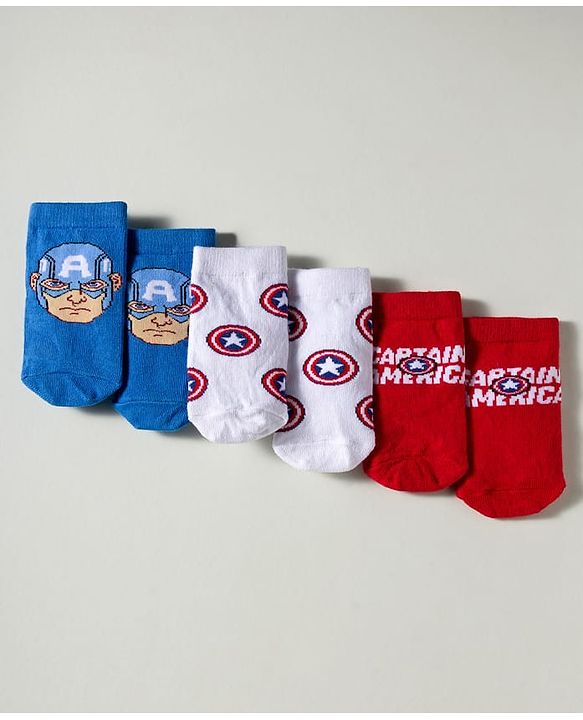 Cute Walk by Babyhug Marvel Knit Ankle Length Socks With Captain America Graphics Pack Of 3 - White Red & Blue