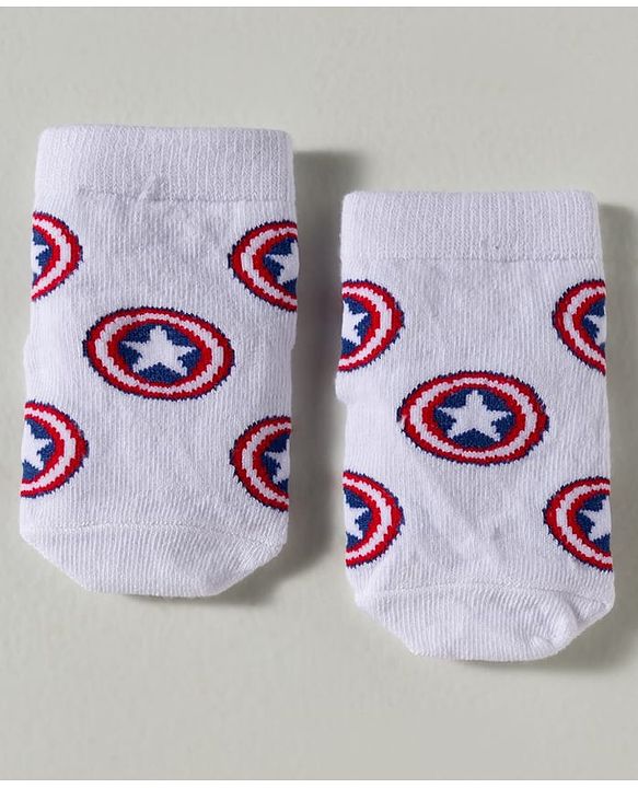 Cute Walk by Babyhug Marvel Knit Ankle Length Socks With Captain America Graphics Pack Of 3 - White Red & Blue
