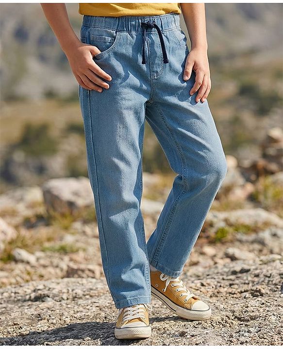 Pine Kids Denim Woven Full Length Solid Color Washed Jeans  - Light Blue
